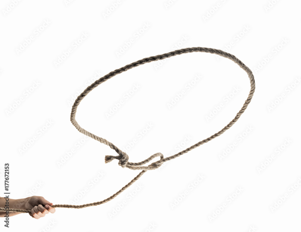 A lasso loop in the hands of a person, close-up on isolated white background. - obrazy, fototapety, plakaty 