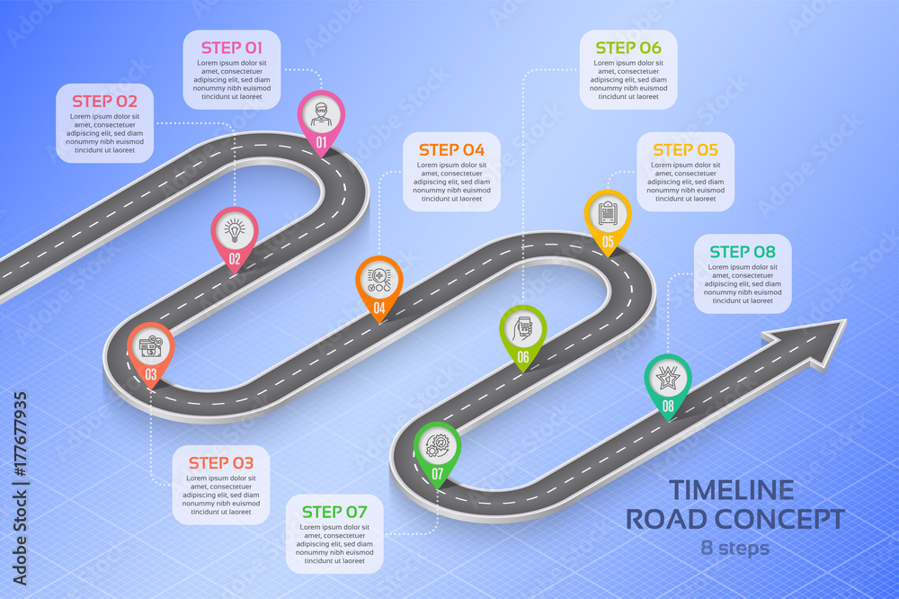 Isometric navigation map infographic 8 steps timeline concept Stock ...