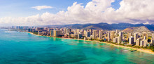 Honolulu, Hawaii. Aerial Skyline View Of Honolulu, Diamond Head Volcano Including The Hotels And Buildings On Waikiki Beach.
