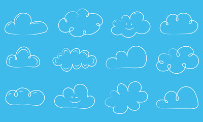 Wall Mural - big collection of hand drawn white clouds on blue background. vector.