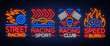Racing neon logos pattern. A glowing sign on the theme of the races. Neon signs, light night banner. Vector illustration