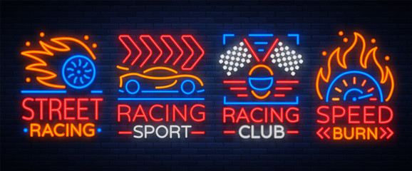 Wall Mural - Racing neon logos pattern. A glowing sign on the theme of the races. Neon signs, light night banner. Vector illustration