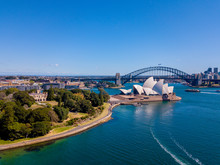 Aerial Sydney View With The Opera House Right By The Sydney Harbour. Beautiful Town. Australia.
