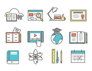 Wall Mural - Flat design icons online education staff training book store distant learning knowledge vector illustration