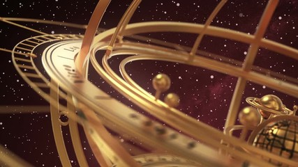 Wall Mural - armillary sphere on red background of starburst. 3d animation. seamless looped.