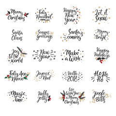 Wall Mural - Set of Merry christmas and Happy New Year cards. Modern calligraphy. Hand lettering for greeting cards, photo overlays, invitations, tags. Vector illustration.
