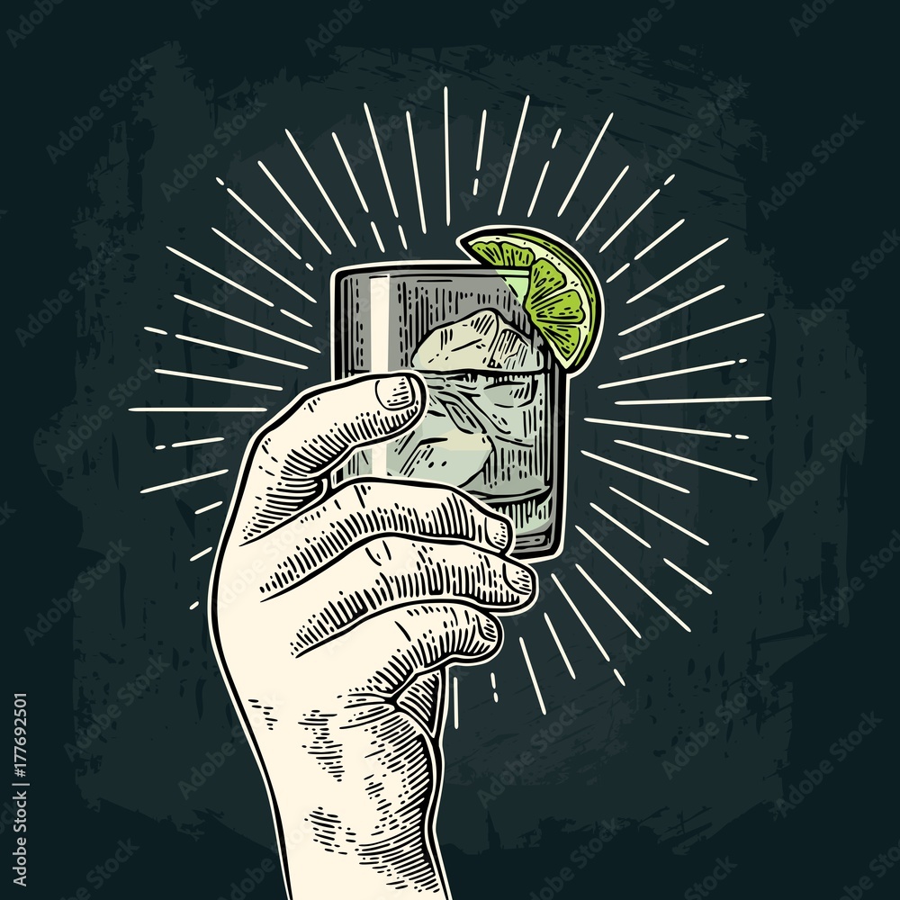 Male hand holding a glass with gin. Vintage vector engraving - obrazy, fototapety, plakaty 