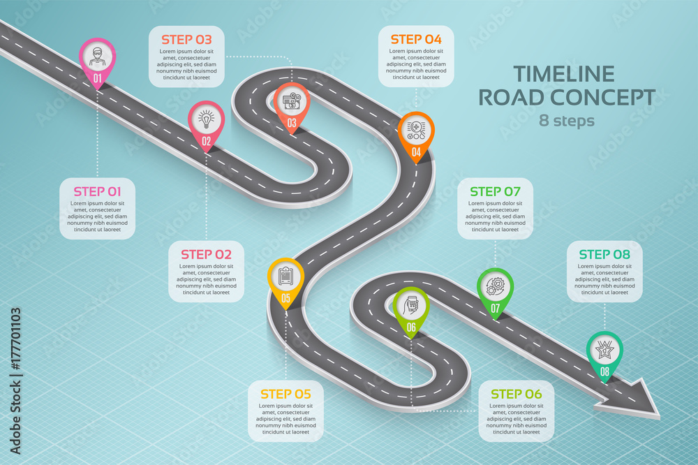 Isometric navigation map infographic 8 steps timeline concept Stock ...