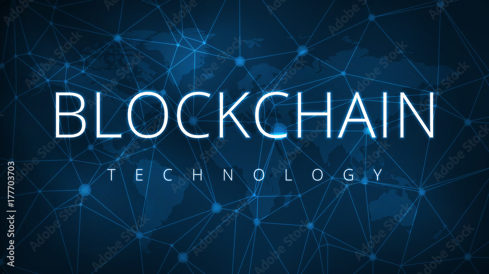Blockchain technology on futuristic hud background with world map and ...