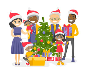 Canvas Print - Big happy multiracial multigenerational family decorating the Christmas tree. Cheerful biracial grandparents, parents and kids celebrating Christmas. Vector isolated cartoon illustration.