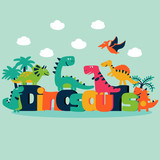 Fototapeta Dinusie - Lovely vector set with funny dinosaurs