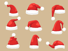 Santa Claus Hat Set. Collection Of Christmas And New Year Hats