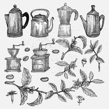 Hand-drawn Vintage Coffee Set. Isolated Artwork Object. Suitable For And Any Print Media Need.
