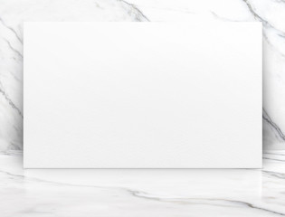 Leinwandbilder - Blank long white paper poster at luxury white glossy marble wall and floor,Mock up template for adding your content or design,Business presentation