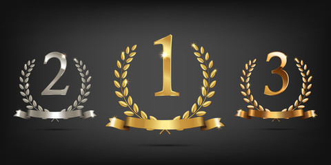 Wall Mural - golden, silver and bronze laurel wreaths with ribbons and first, second and third place signs. winne