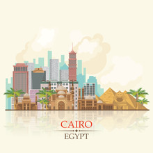 Egypt Travel Vector. Egyptian Traditional Icons In Flat Design. Holiday Banner. Vacation And Summer.