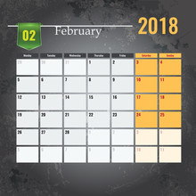 Calendar Template For 2018 February Month With Abstract Grunge Background.