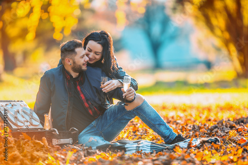 Plakat Młoda piękna szczęśliwa para - miłośnicy mają piknik w jesiennym parku. Szczęśliwa para clinking z kieliszków szampana