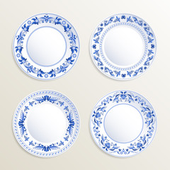 Poster - Vintage plates painted at gzhel style. Vector pictures of russian dishes