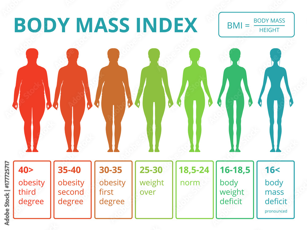 Medical infographics with illustrations of female body mass index. Scales from fat to fitness woman - obrazy, fototapety, plakaty 