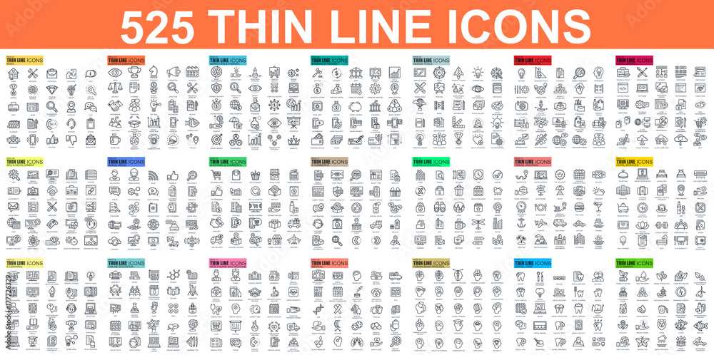 Simple set of vector thin line icons. Contains such Icons as Business, Marketing, Shopping, Banking, E-commerce, SEO, Technology, Medical, Education, Web Development, and more. Linear pictogram pack. - obrazy, fototapety, plakaty 