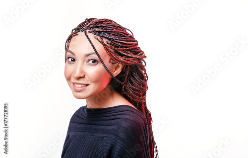 Isolated On White Woman With Colorful Hair Braided In Thin