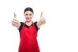 © Catalin Pop - Cheerful girl seller rising both thumbs up