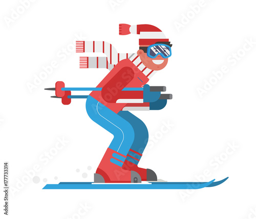Fotomural Smiling cartoon skier in motion isolated on white background