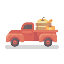 Old Red Farm Truck With Pumpkins Flat Illustration