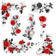 Vector set of decorative calligraphic design elements with red vintage rose and black leaves for border and frame decor.