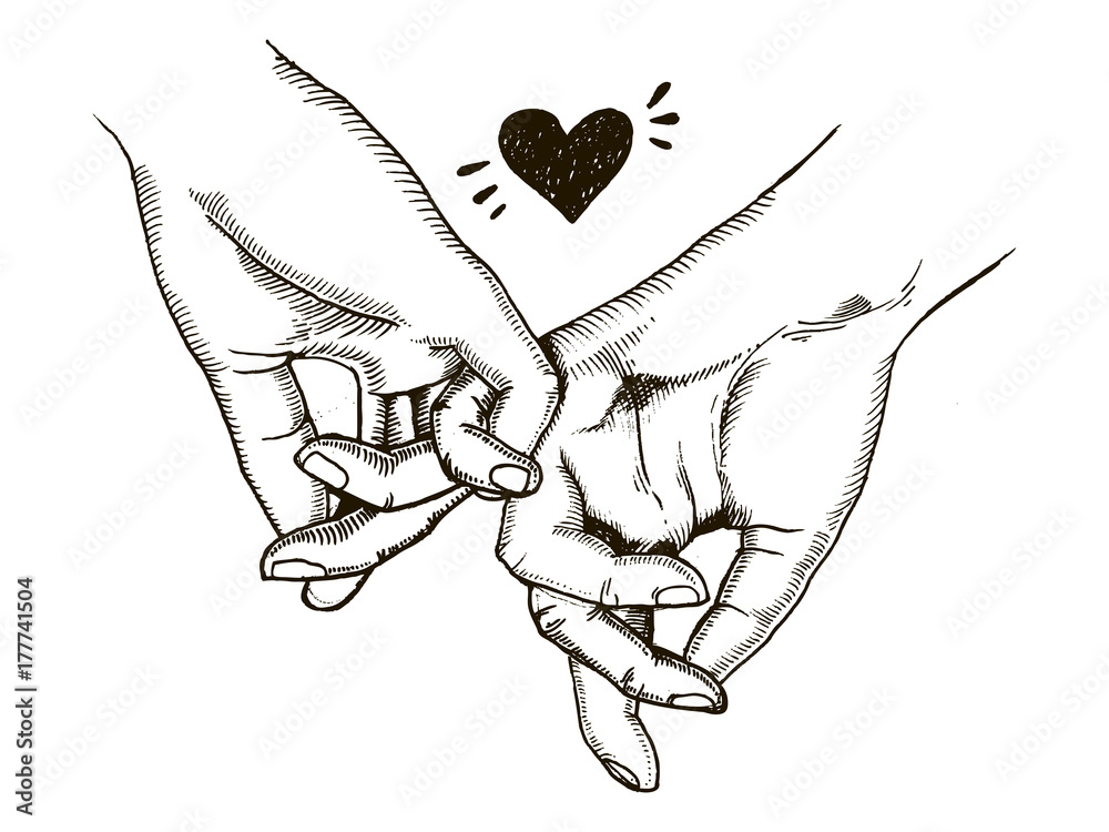 Couple in love hold hands engraving vector - obrazy, fototapety, plakaty 