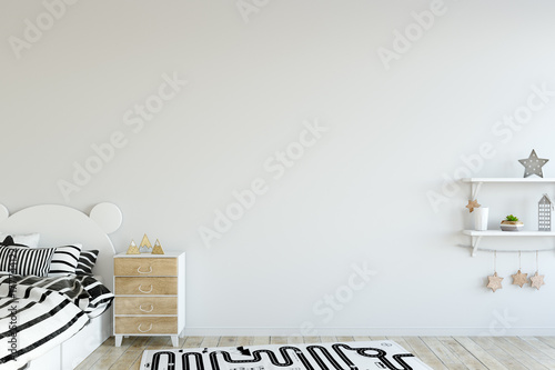 Plakat makieta do ściany w pokoju dziecięcym. Wnętrze w skandynawskim stylu. 3d rendering, 3d ilustracja