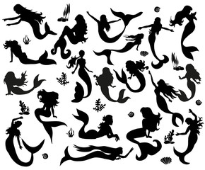 Wall Mural - silhouette of a mermaid in the sea, set