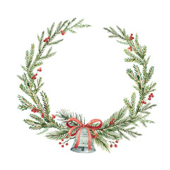 Wall Mural - watercolor vector christmas wreath with bell and fir branches.