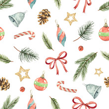 Watercolor Vector Christmas Seamless Pattern With Fir Branches, Gifts And Cones.