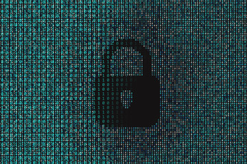 Poster - Binary data code background with locked padlock icon. Online security