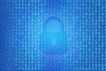Poster - Binary data code background with locked padlock icon. Online security