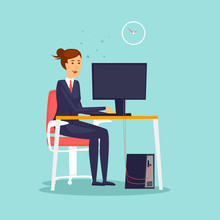 Girl Sitting At The Computer, Office, Work. Flat Design Vector Illustration.