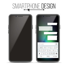 Poster - Smartphone Mockup Design Vector. Black Modern Trendy Mobile Phone Front View. Isolated On White Background. Realistic 3D Illustration
