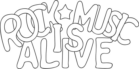 Hand drawn vector illustration rock-music is alive emblem, coloring page, template