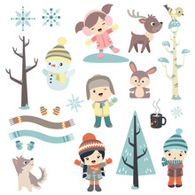 Cute Children Outdoors With Animals And Snowman In Winter Design Set
