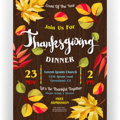 Wall Mural - Thanksgiving dinner poster template with autumn leaves and ornate background.