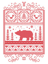Elegant Christmas Scandinavian, Nordic Style Winter Stitching, Pattern Including Snowflake, Heart,  Polar Bear, Christmas Tree, Gift, Snow, Robin, Snowflake, Star In Red, White
