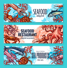 Wall Mural - Vector banners sketch seafood fish for restaurant