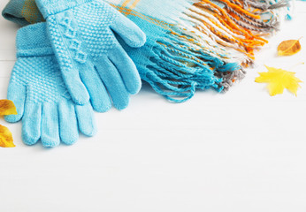 blue gloves and scarf on wooden white background