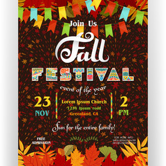 Wall Mural - Fall festival poster template with ornate letters, autumn leaves and flags garlands and fireworks background.