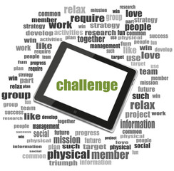 Poster - Marketing concept. Text challenge . Word collage with tablet pc