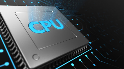 Poster - 3D render CPU chip on black circuit board. Technology background Computer circuit board chip cpu core motherboard and blue texture with processors microelectronics hardware concept electronic device