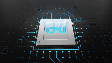 Poster - 3D render CPU chip on black circuit board. Technology background Computer circuit board chip cpu core motherboard and blue texture with processors microelectronics hardware concept electronic device