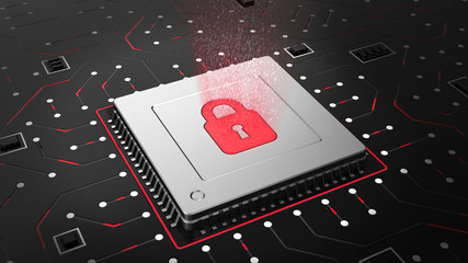 Poster - 3D Render of a CPU on a motherboard with Locked CPU symbol representing cyber security and data protection. Internet security illustration.